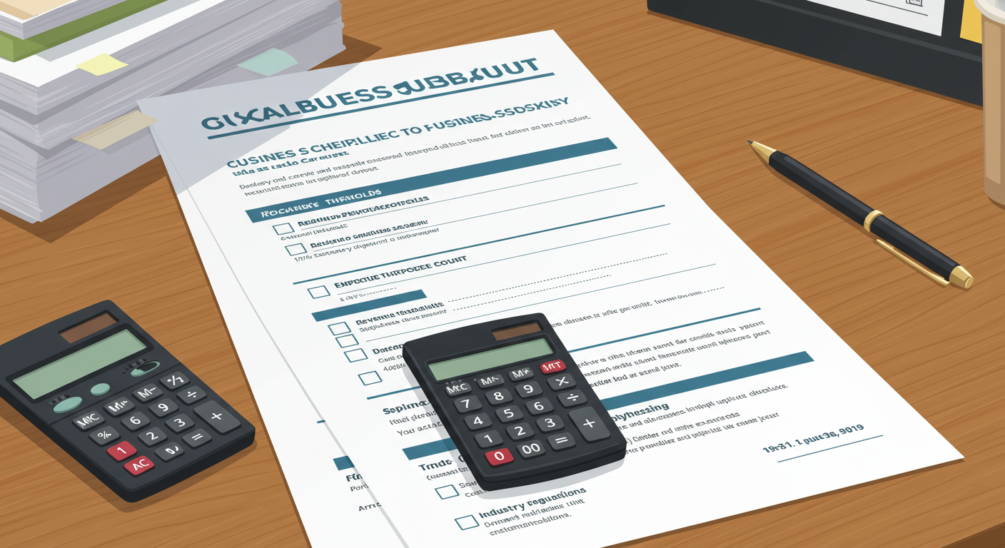 탁자 위에 놓여진 서류와 계산기를 통해 보조금 신청 자격 요건 체크리스트를 점검하는 모습