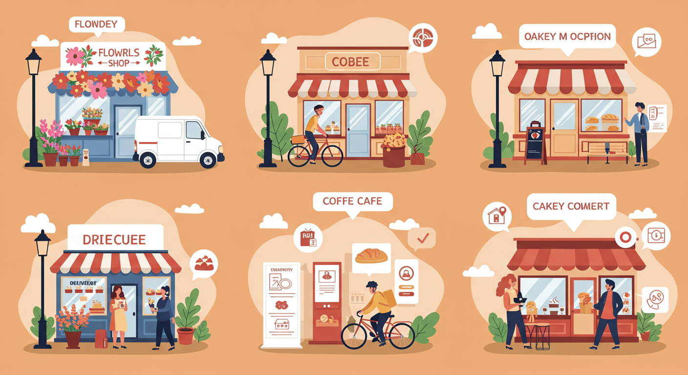 꽃집과 카페 등 다양한 업종에서 각기 다른 방식의 배송 방법과 지원 정보를 받는 장면