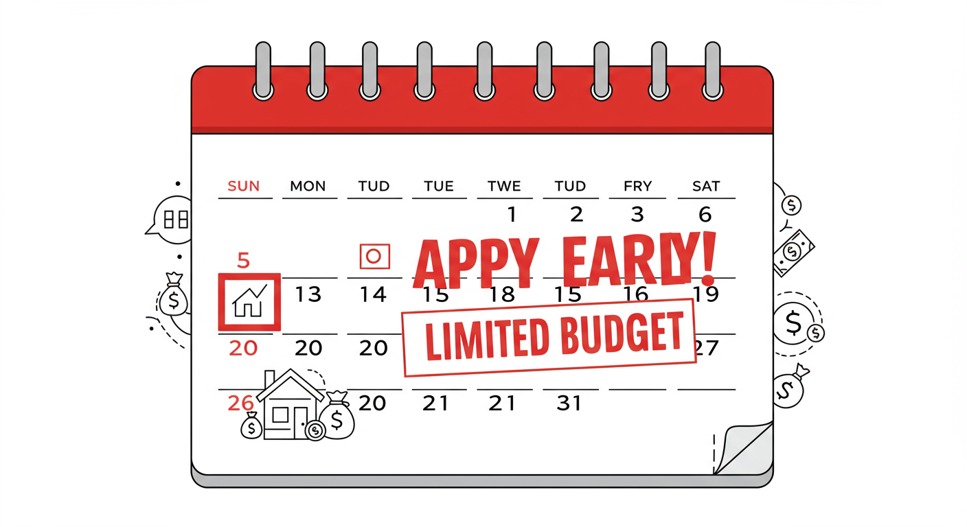 보조금 신청 중요한 날짜가 표시된 달력과 예산 한도로 인한 조기 신청 강조 모습