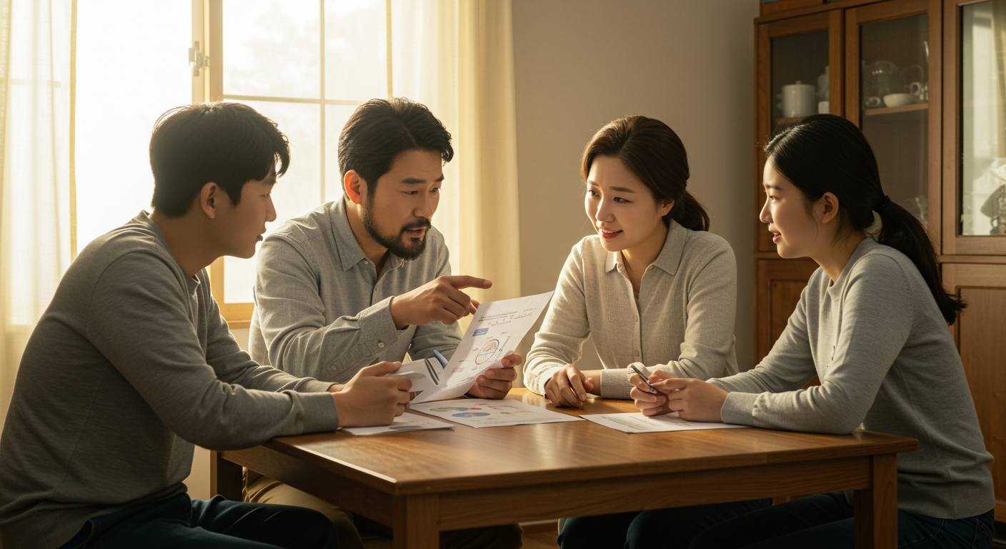경제적 어려움 속에서 가족들이 식탁에 모여 지원금을 논의하는 모습