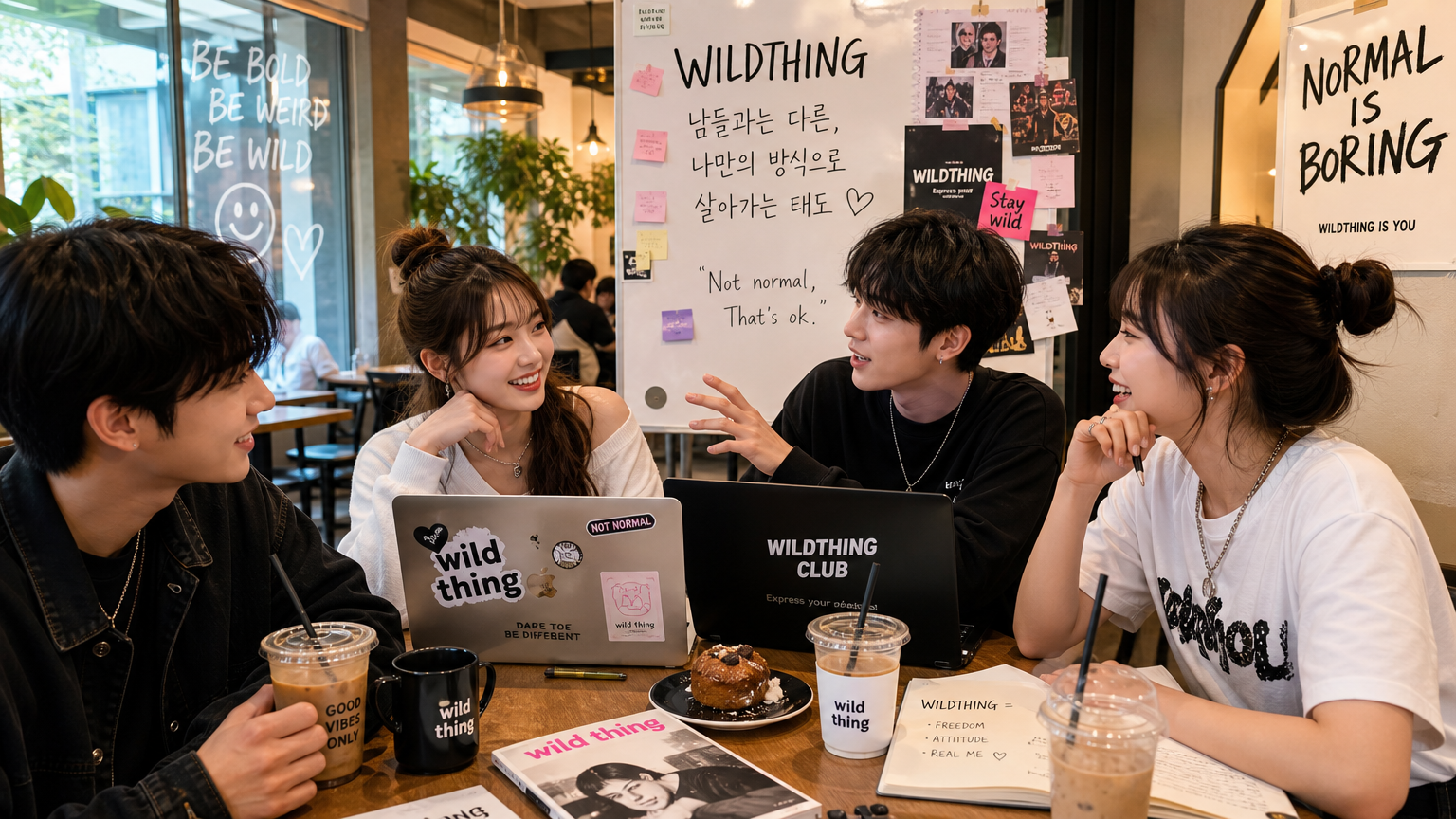 젊은 세대가 카페에서 와일드씽 문화에 대해 이야기하는 장면