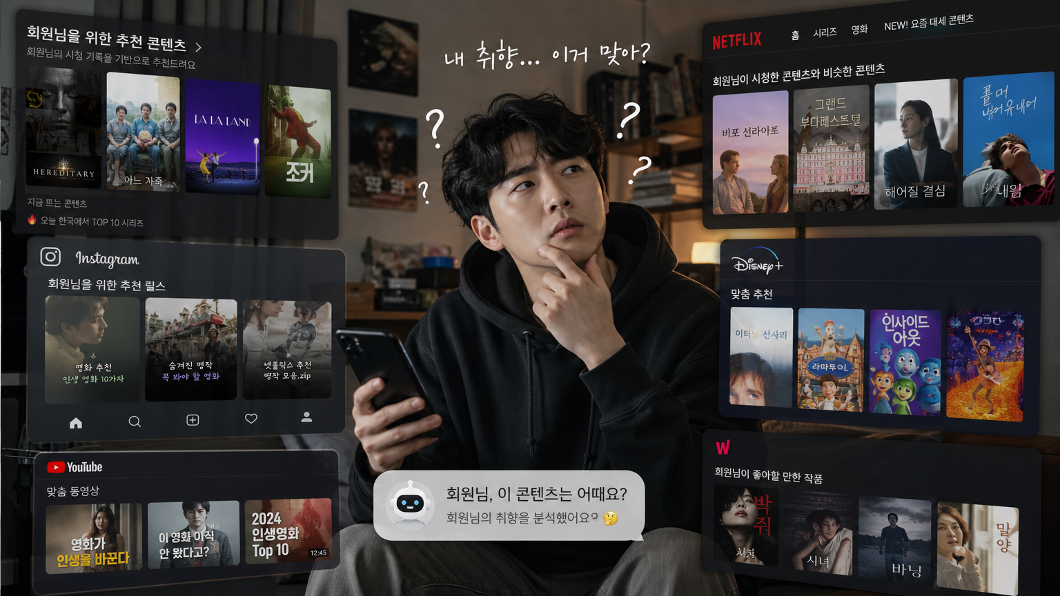 여러 화면에서 알고리즘 기반 영화 추천에 당황한 남성