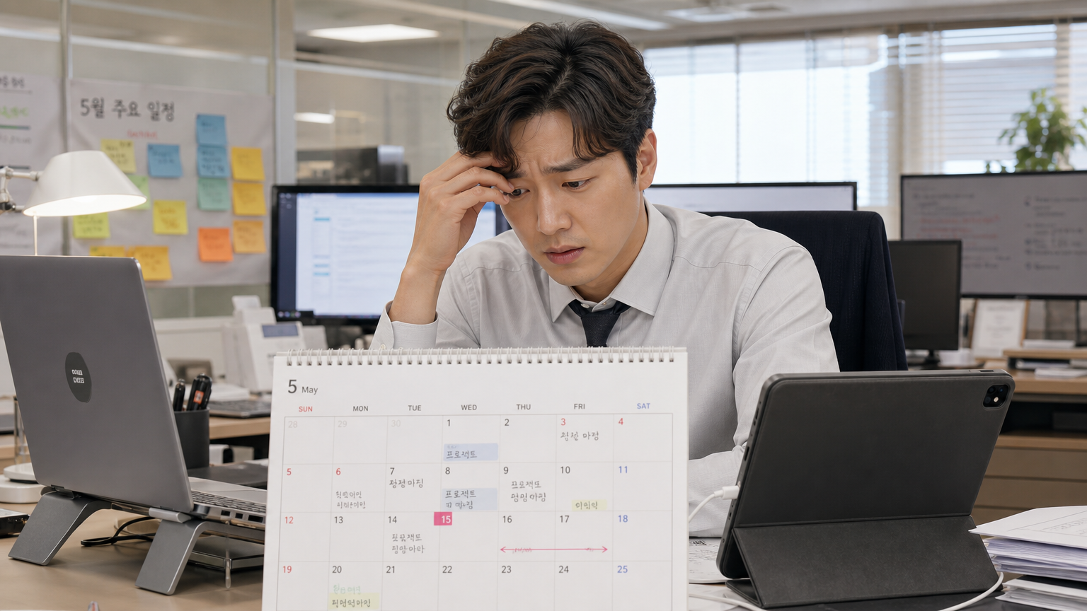 현대적인 사무실 책상 위에서 캘린더를 보며 겹치는 날짜에 대해 걱정하는 직장인의 모습