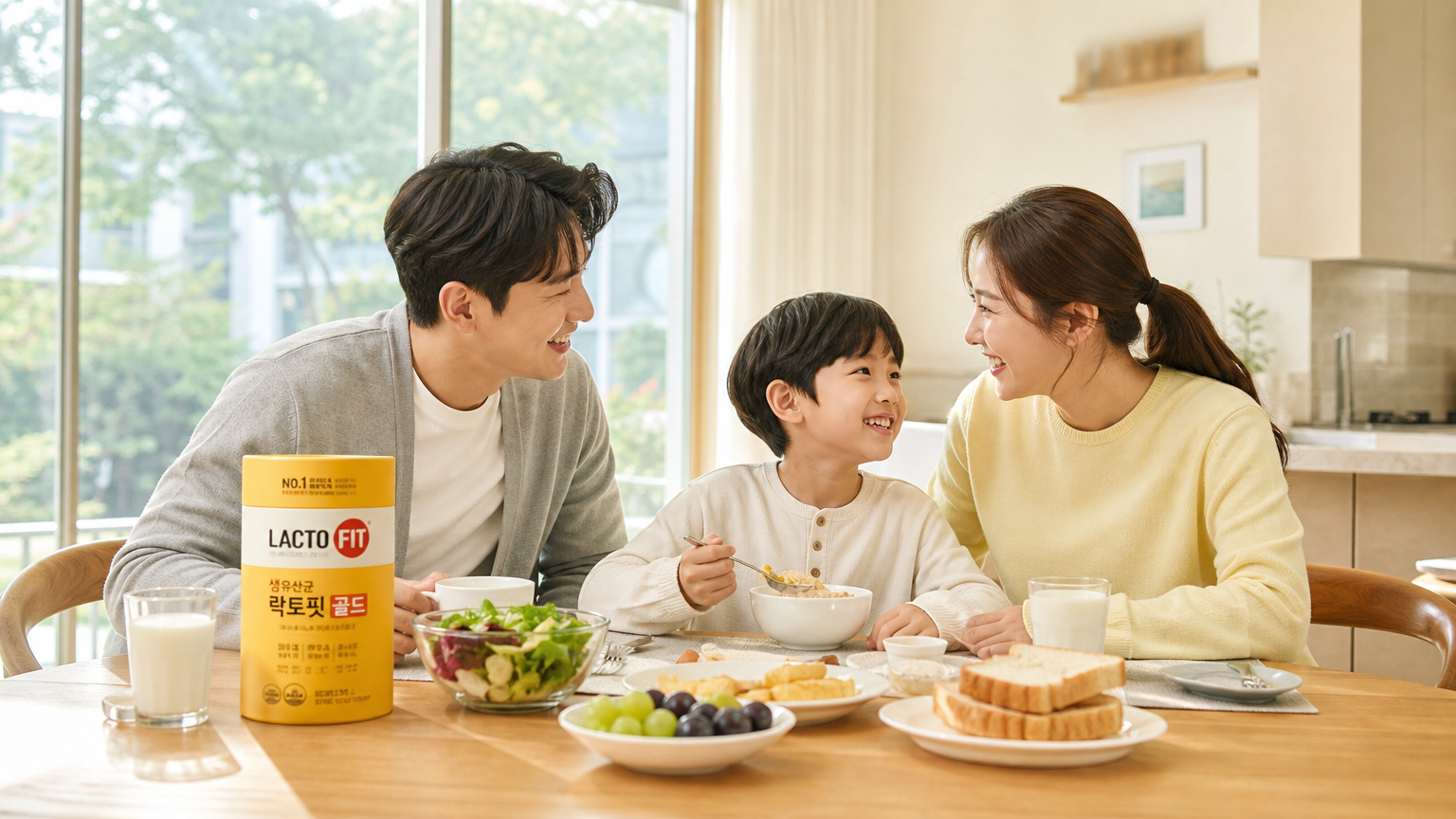 밝은 아침 햇살 아래 가족들이 함께 아침 식사를 즐기며 락토핏 골드를 테이블 위에 두고 있는 모습