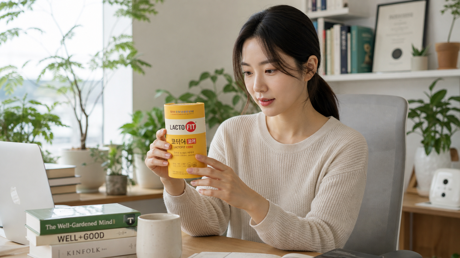 홈 오피스 책상에서 락토핏 코어 패키지를 주의 깊게 보는 성인