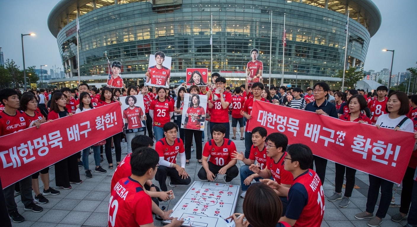 배구팬들이 경기장 밖에서 팀 전략을 논의하며 응원하는 모습