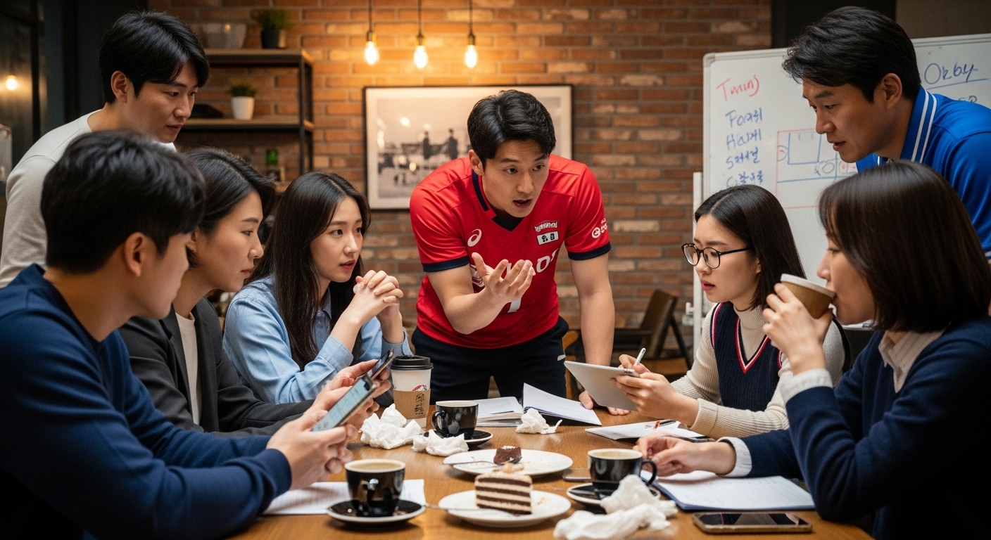 카페에서 팀 문제 해결책을 열띠게 논의하는 다양한 배구팬들