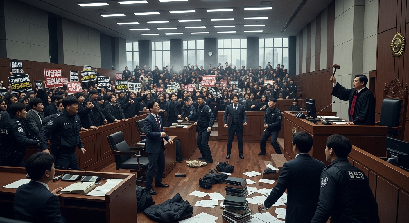 한국의 법정 내부에서 사람들이 항의하는 혼란스러운 장면과 바닥에 흩어진 법서들