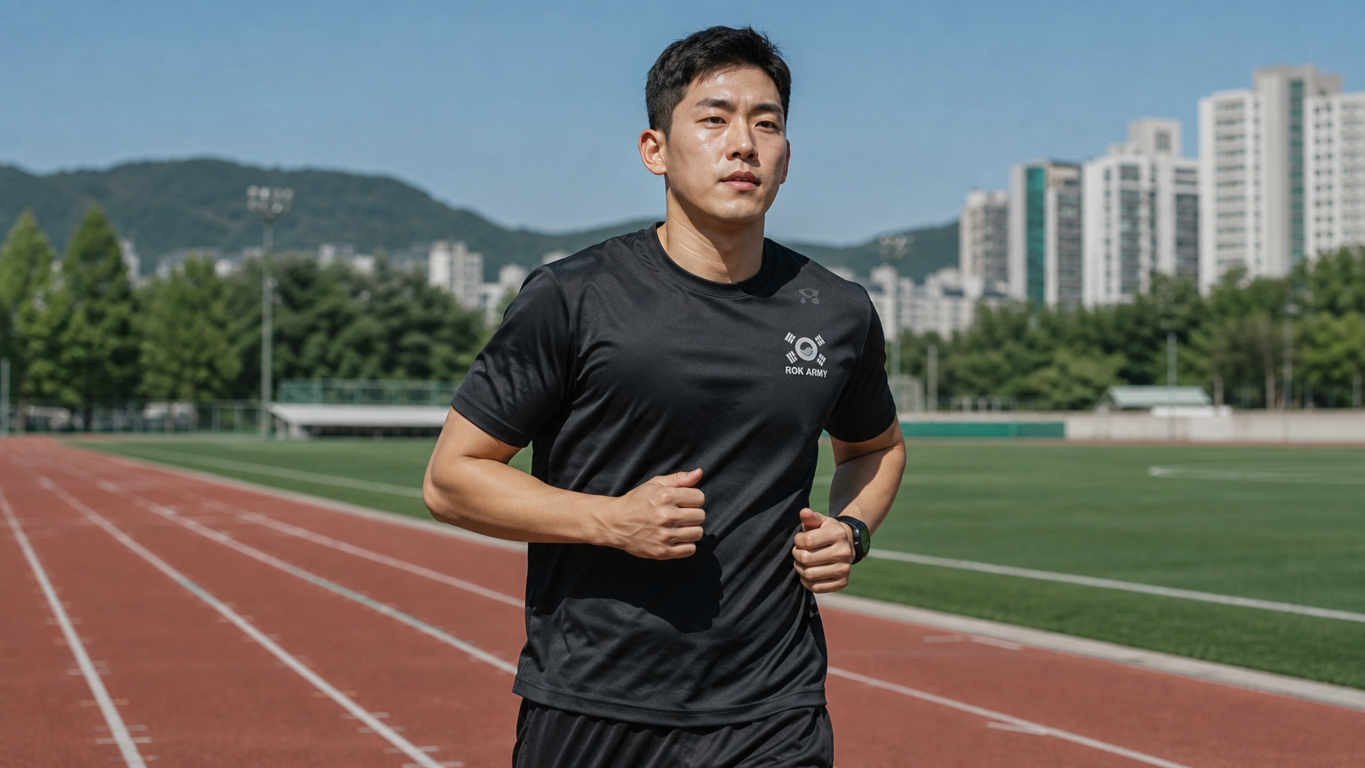 맑은 하늘 아래 트랙 필드를 달리며 군 복무와 미래를 준비하는 결단력 있는 한국 운동선수