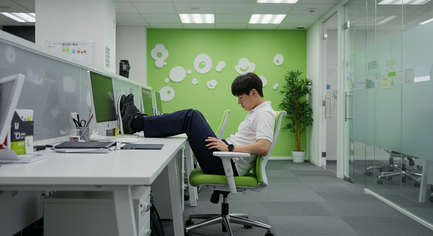 현대적인 사무실 공간에서 잘못된 자세로 앉아 있는 직장인의 모습