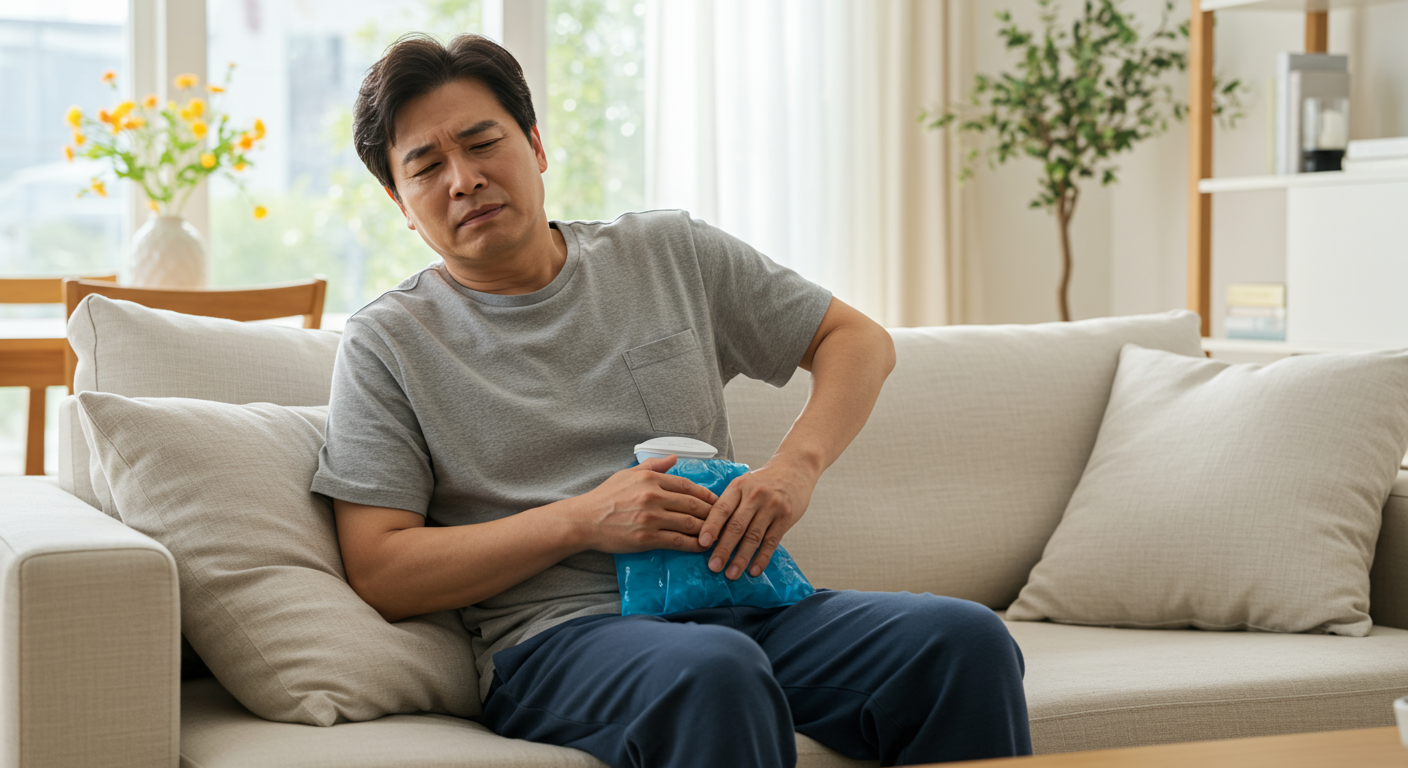 소파에 누워 얼음 찜질팩을 사용 중인 남성의 모습