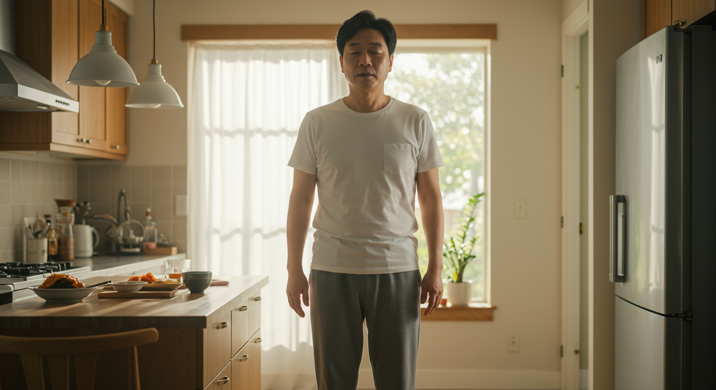 식사 후 바로 눕지 않고 서 있는 한국 남성의 모습