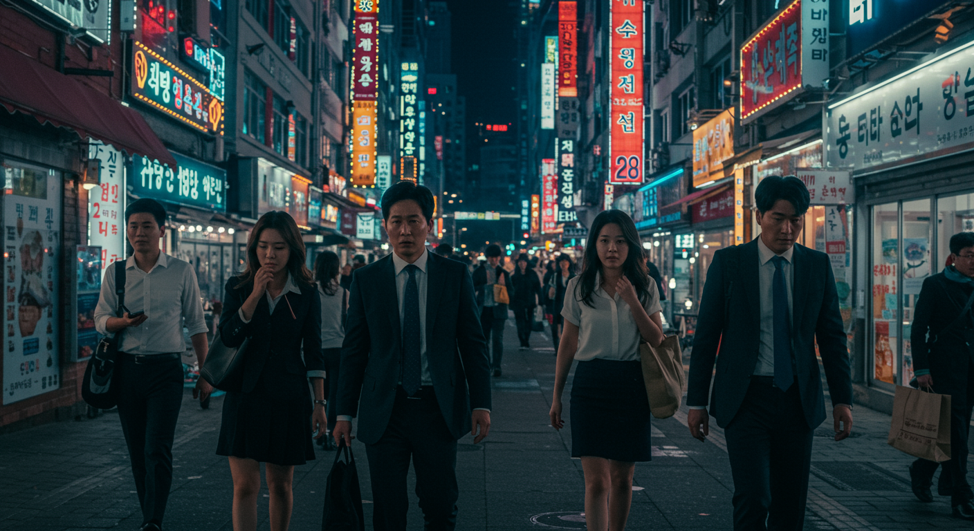 밤에 바쁜 도시 환경 속 스트레스를 받는 직장인들