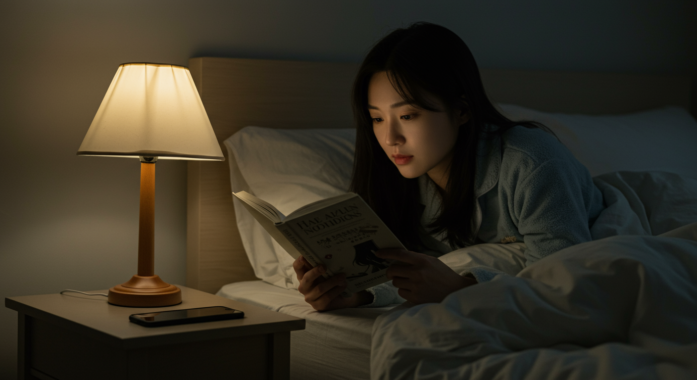 잠자리에서 책을 읽고 옆 테이블에 꺼진 스마트폰이 있는 모습