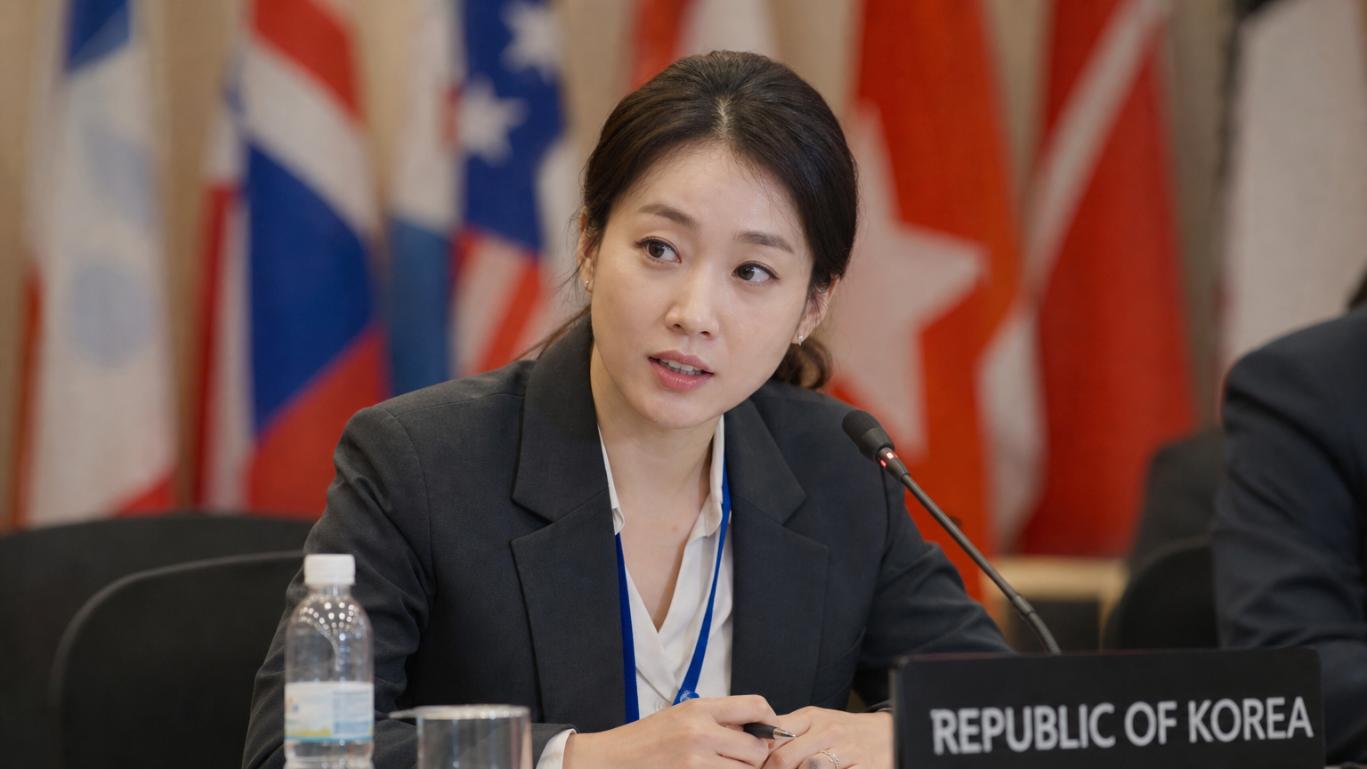 글로벌 컨퍼런스 현장에서 외교적 전문성을 발휘하는 모습