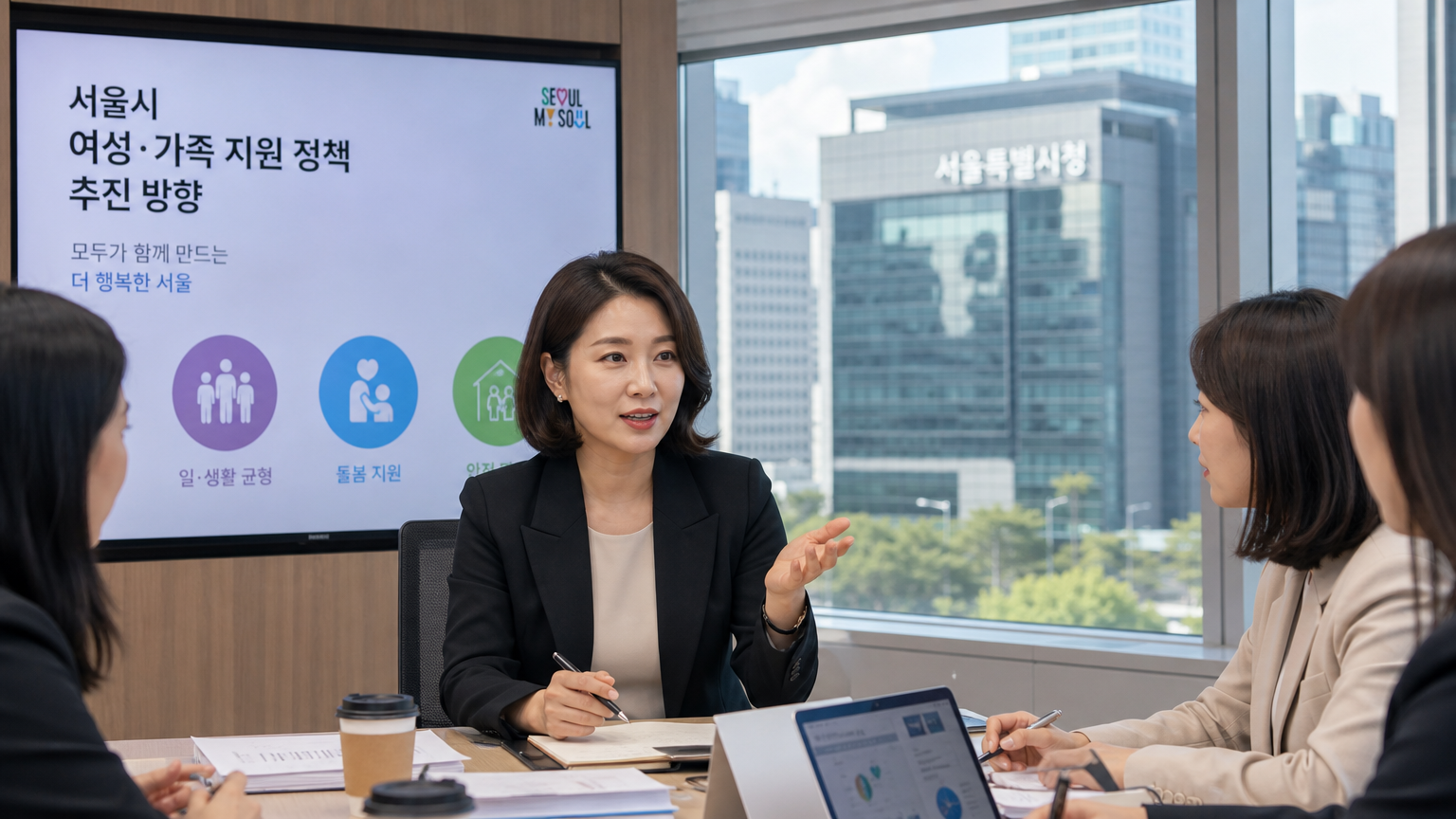 여성 및 가족 지원 정책을 논의하며 팀을 이끄는 현대적인 사무실 속 리더의 모습
