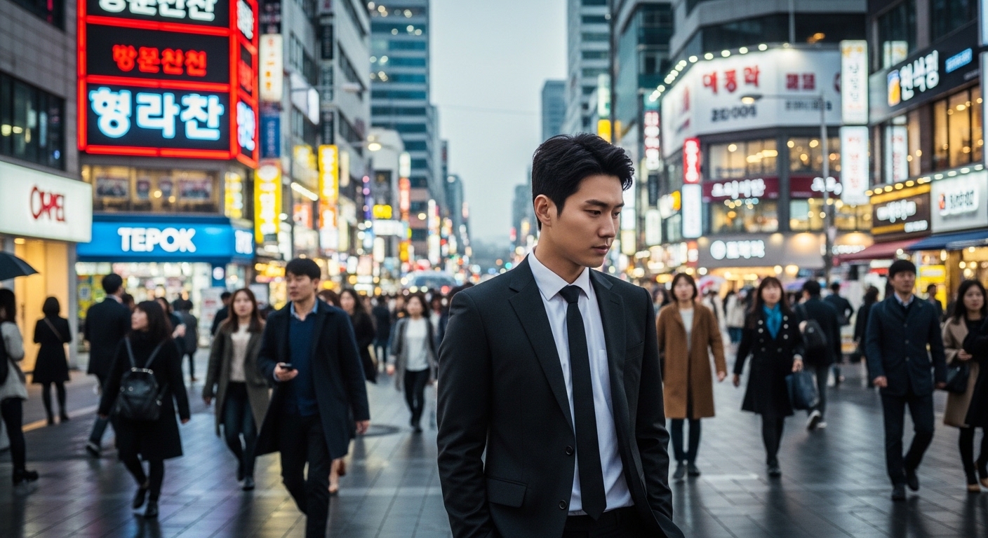 서울 번화가에서 홀로 서 있는 고독한 남성의 모습