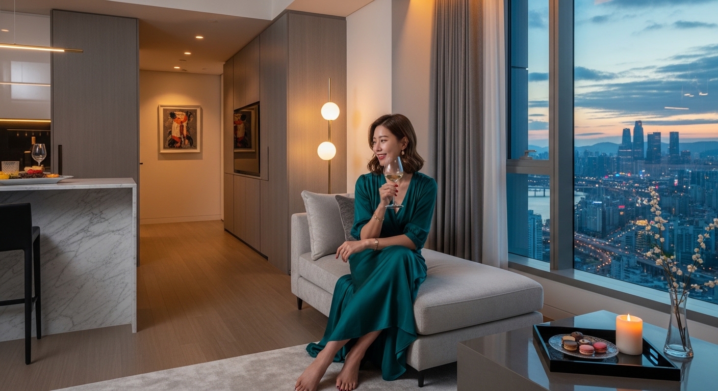 현대식 아파트에서 럭셔리 라이프를 즐기는 세련된 여성