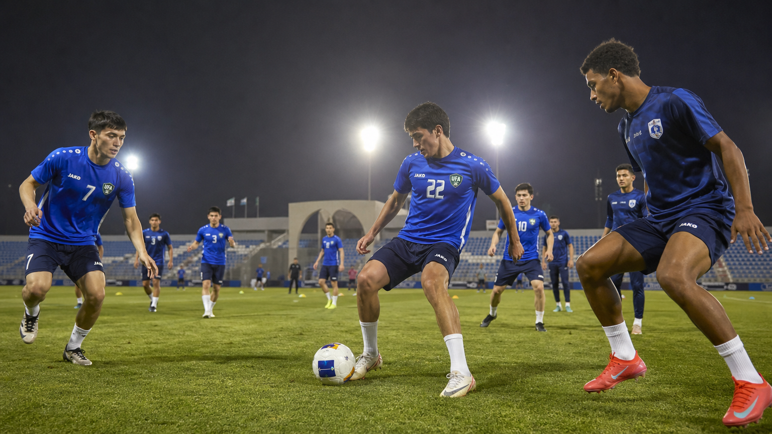 우즈베키스탄과 카보베르데 같은 신흥 축구 국가 선수들이 훈련 중인 모습