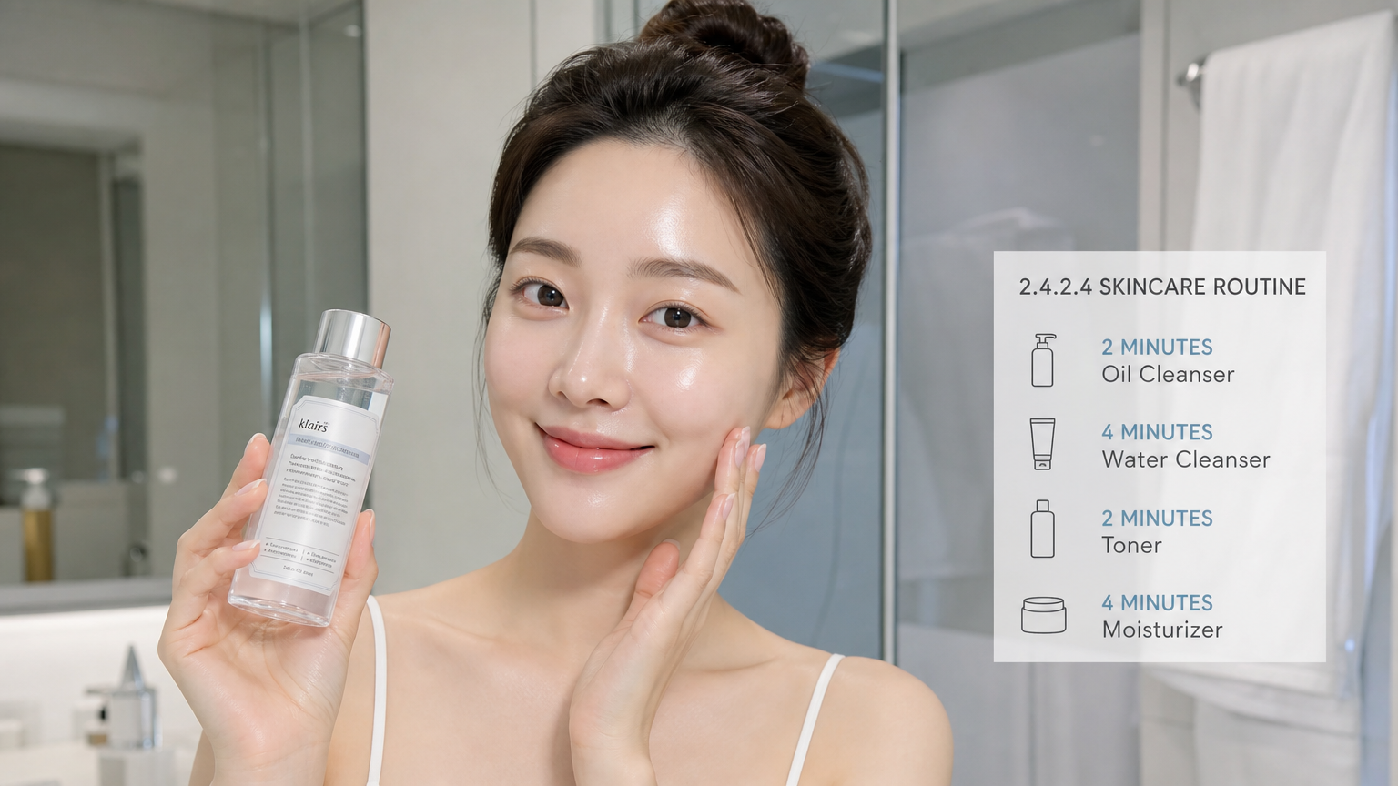 배우가 현대적인 욕실에서 2.4.2.4 스킨케어 루틴을 시연하는 모습
