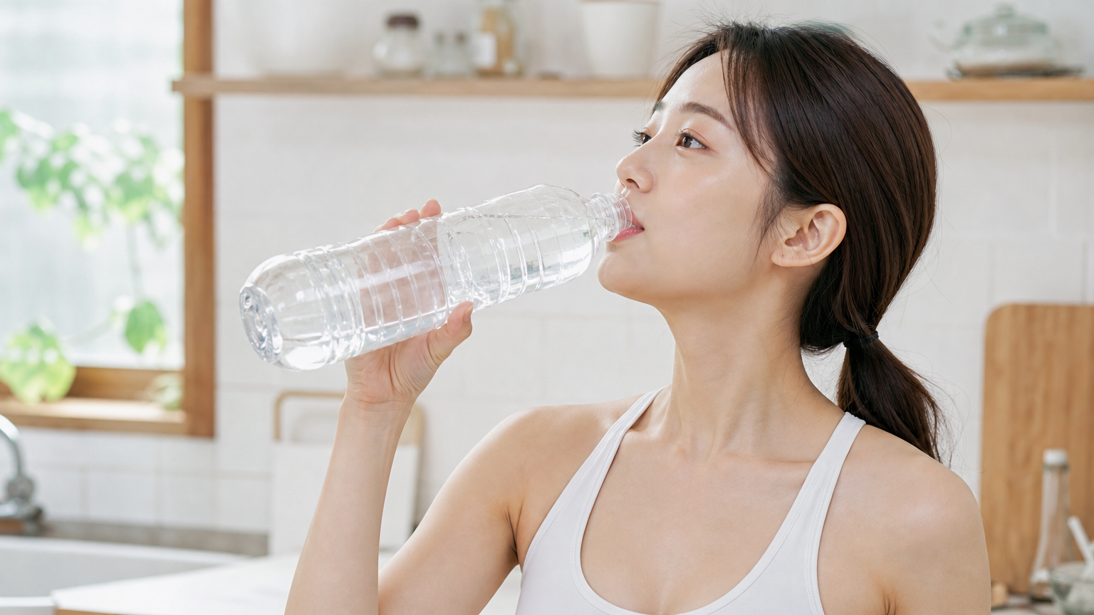 밝은 주방 공간에서 큰 물병으로 물을 마시는 젊은 여성