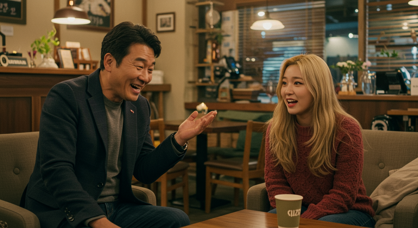 카페에서 다양한 성격을 표현하는 두 사람의 대화 장면