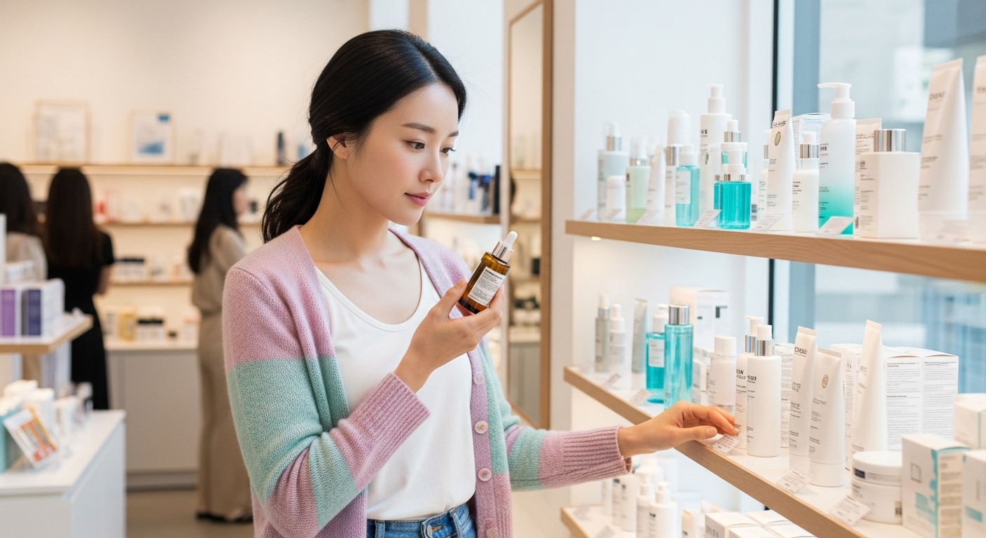 민감성 피부를 가진 여성이 화장품 가게에서 신중하게 제품을 고르는 모습