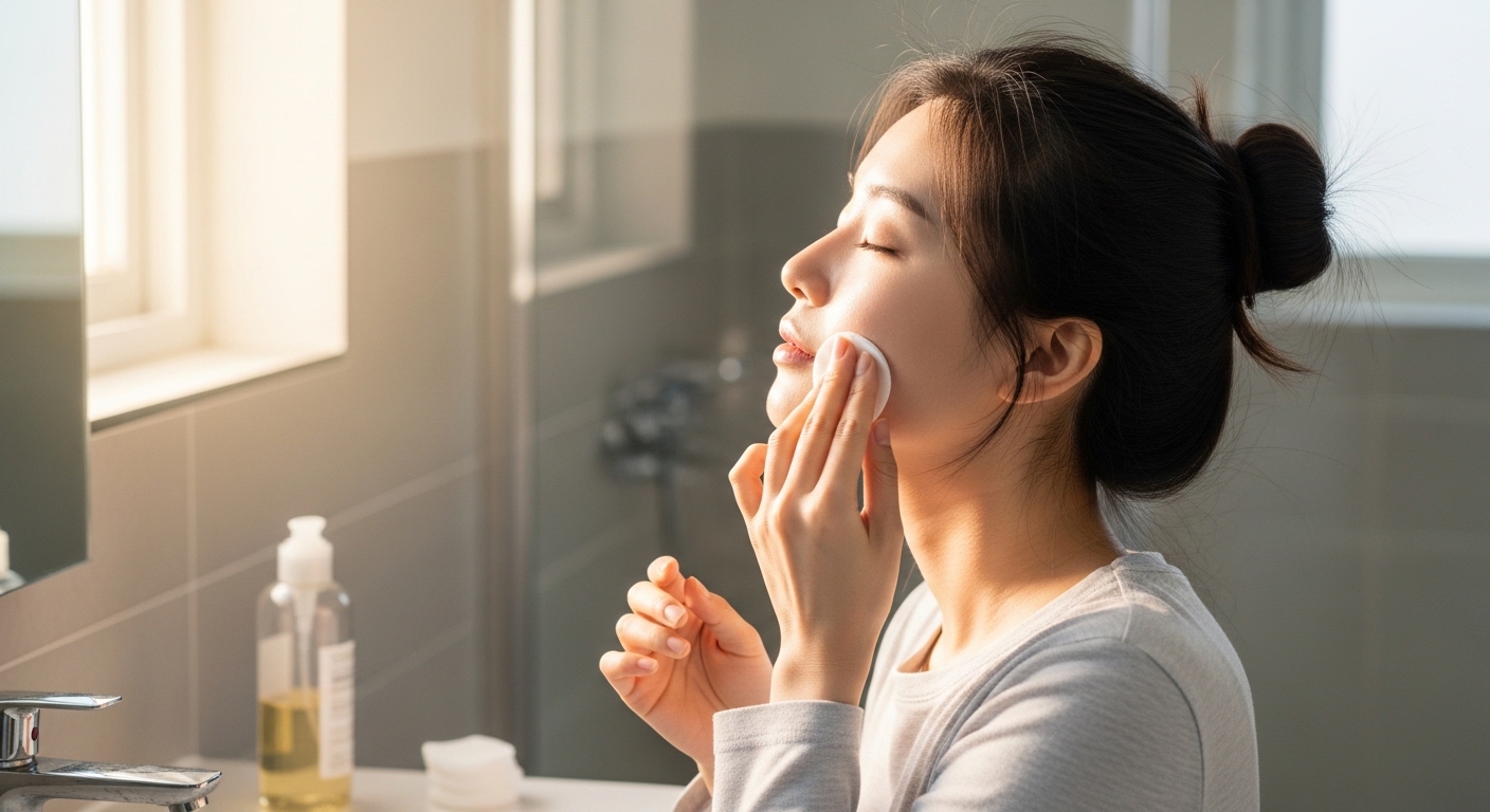 아침 햇살 아래서 얼굴 세안 후 부드러운 토너를 바르는 젊은 여성의 모습