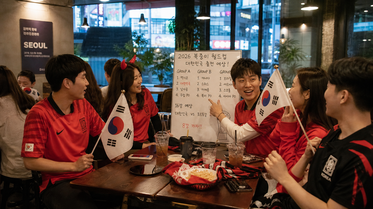서울의 현대적인 카페에서 축구팬들이 모여 월드컵에 대해 토론하는 장면