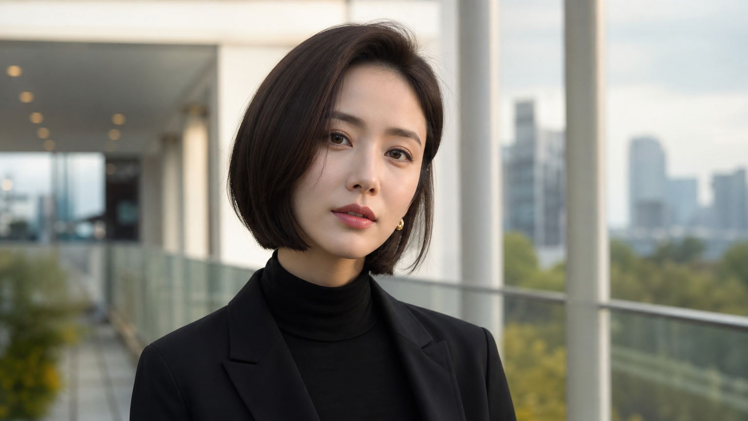 배우가 시그니처 단발을 한 채 도시적인 세련된 분위기를 연출하는 모습