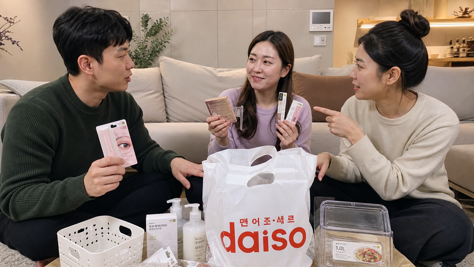 인기 있는 화장품과 실용적인 주방 도구에 대해 대화하는 한국인들