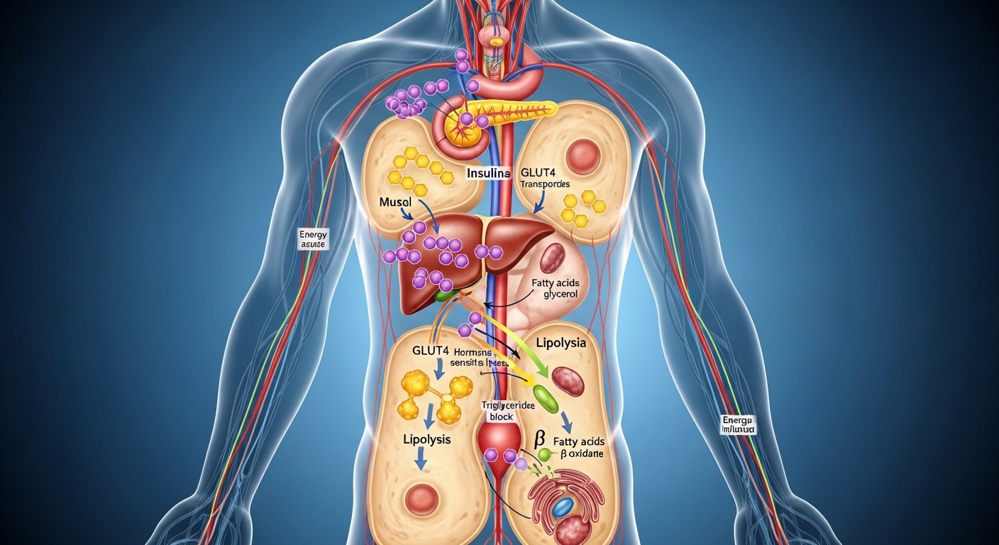 인체 내부 메커니즘을 통해 인슐린 조절 및 지방 연소 과정을 보여주는 그림