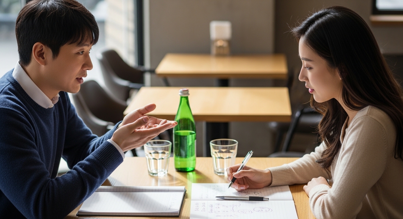 카페 테이블에서 식단 계획을 논의하는 남녀와 옆에 놓인 미네랄 워터