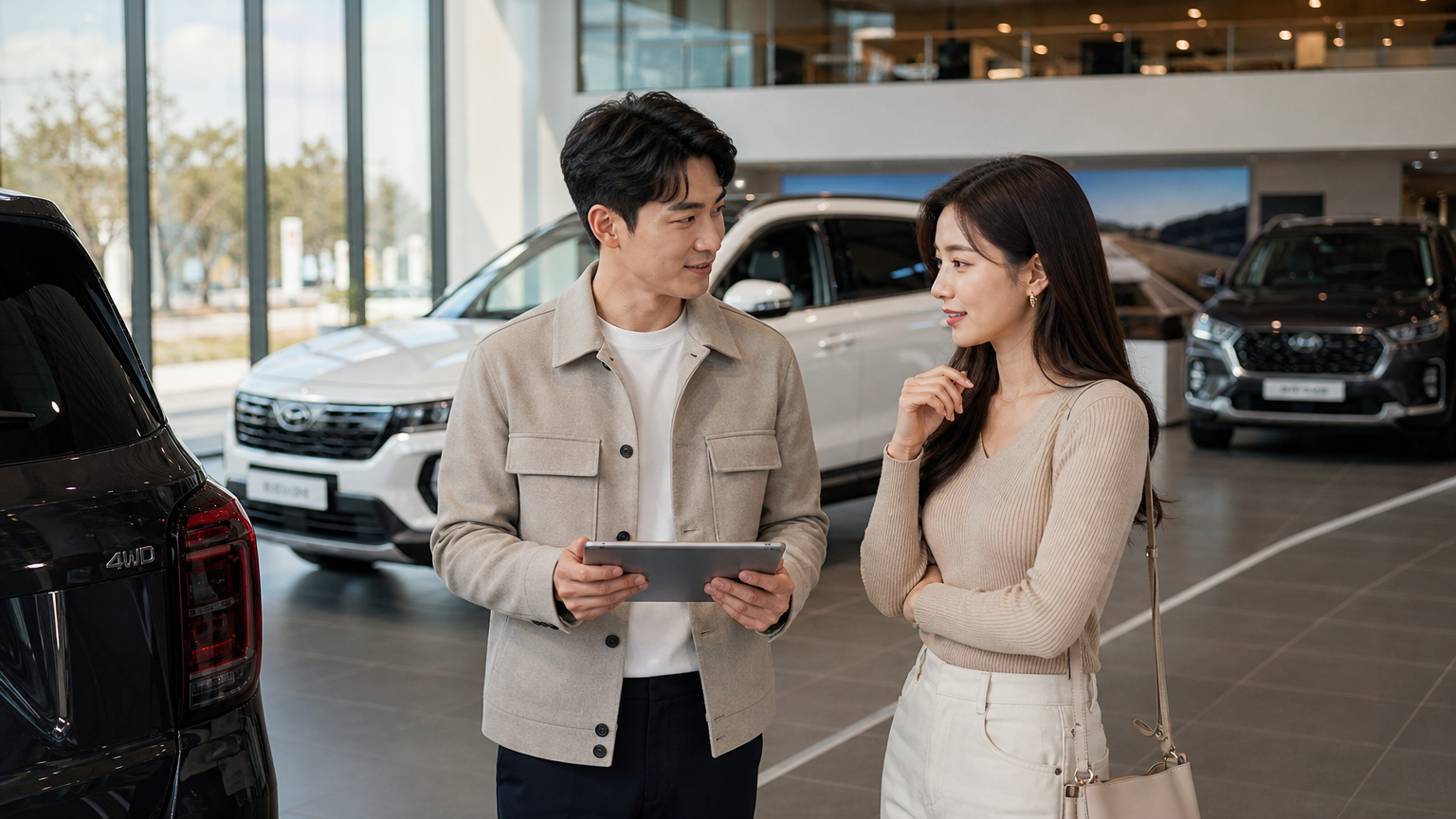 현대적인 자동차 딜러십 환경에서 차량 옵션을 논의하는 스타일리시한 커플