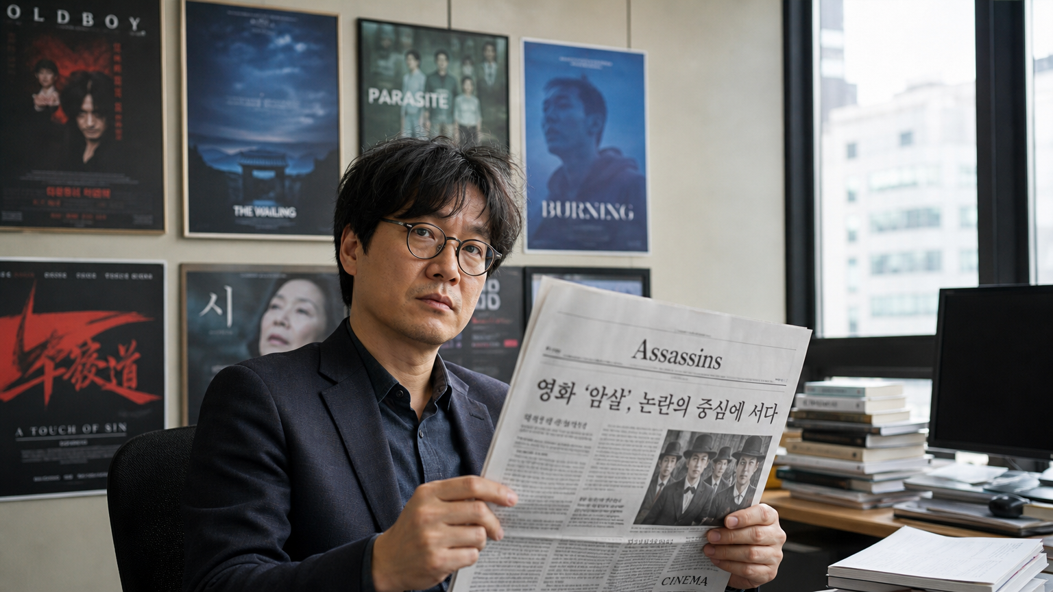 한국의 영화 평론가가 현대적인 사무실에서 영화 '암살자들' 관련 신문을 들고 있는 모습