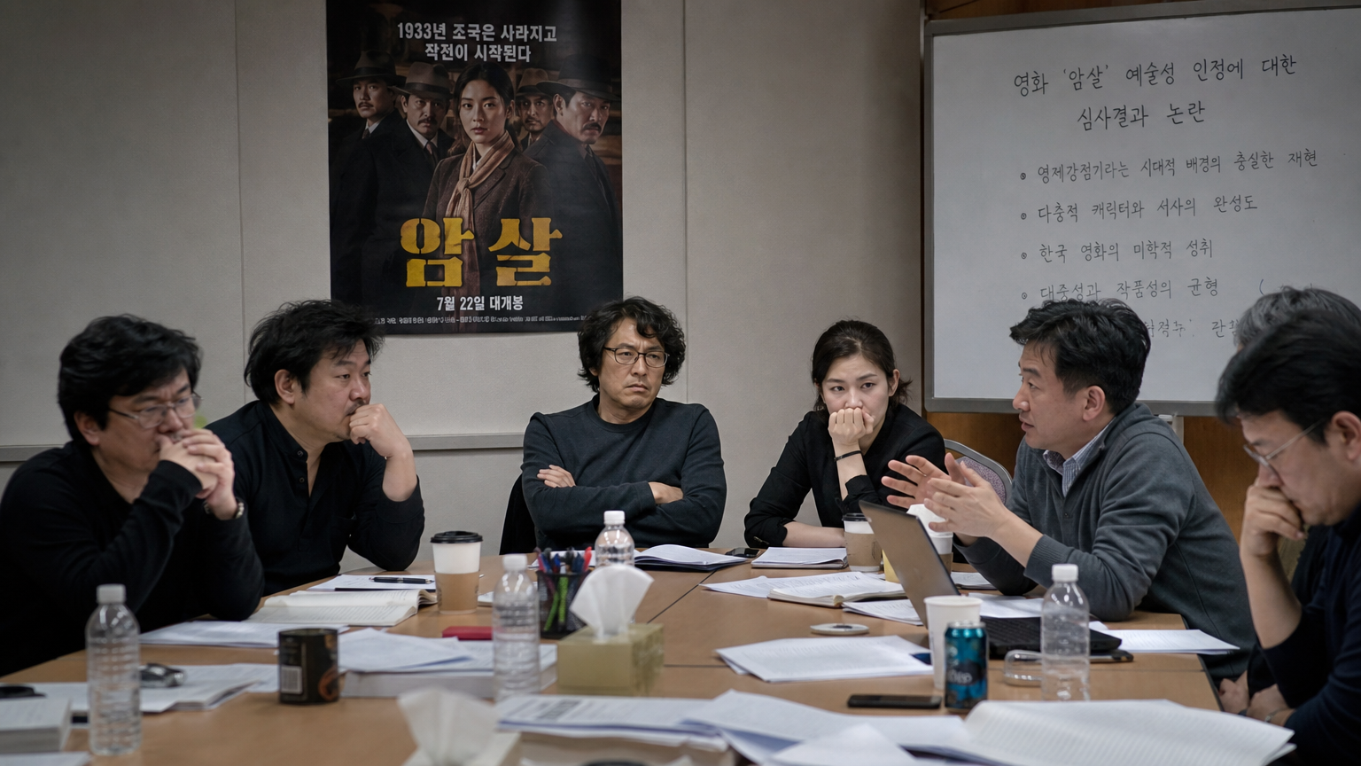 '암살자들'의 예술영화 인정 문제를 토론하는 한국 영화 산업 관계자들의 회의