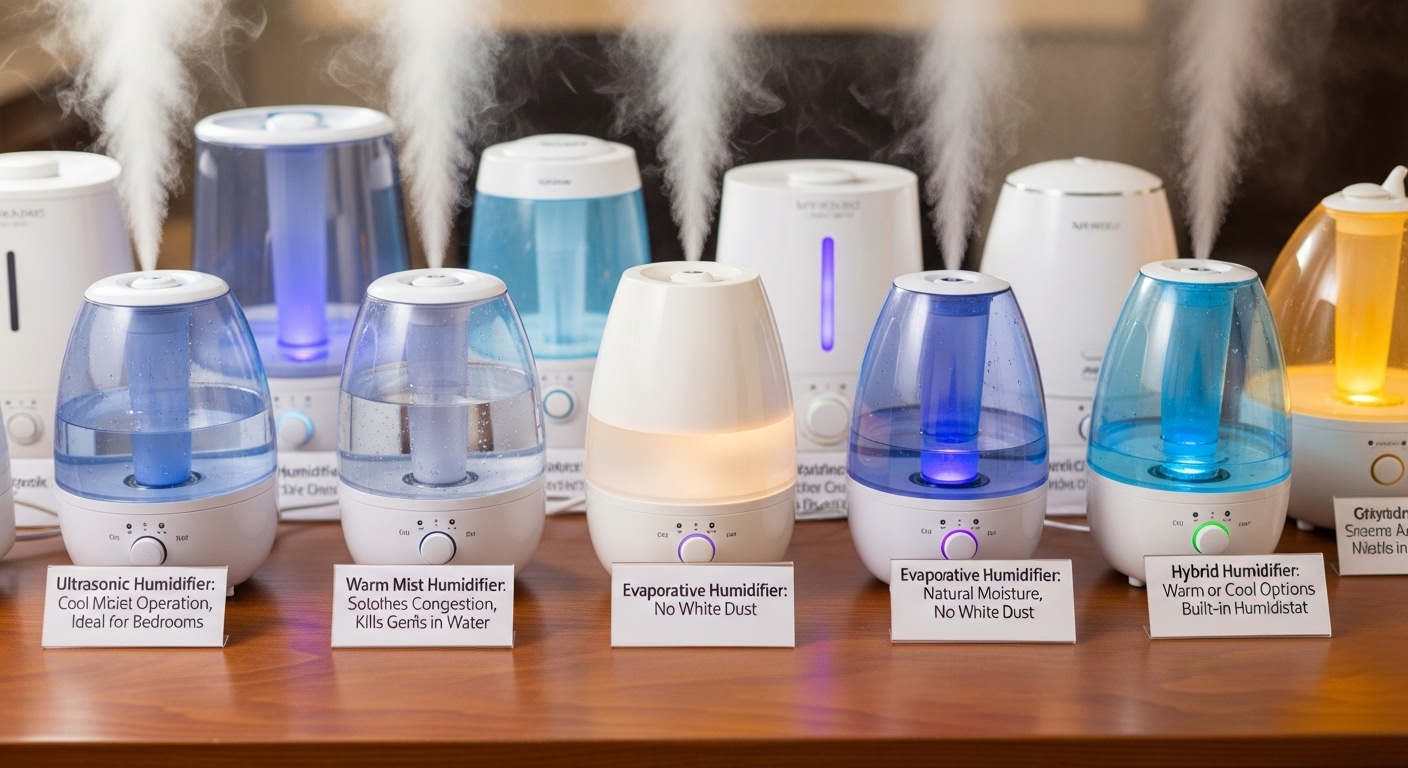 초음파식 및 스팀식 등 다양한 종류의 가습기가 기능과 혜택을 표시한 라벨과 함께 테이블 위에 진열된 모습