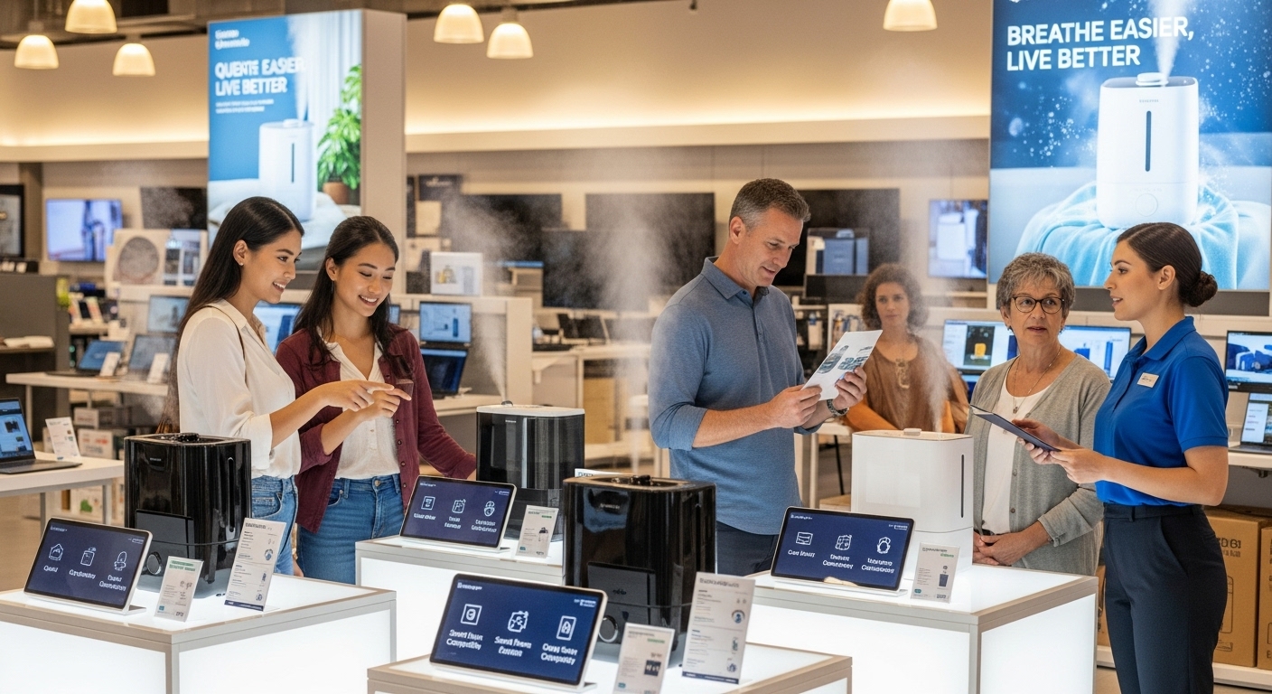 전자제품 매장에서 최신 모델의 인기 있는 가습기가 진열되어 있고 고객들이 구경하는 장면