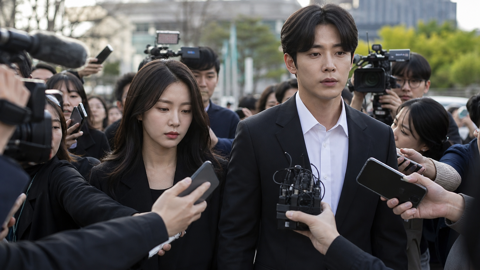 현대 한국 커플이 언론의 주목을 받으며 기자들과 인터뷰하는 장면