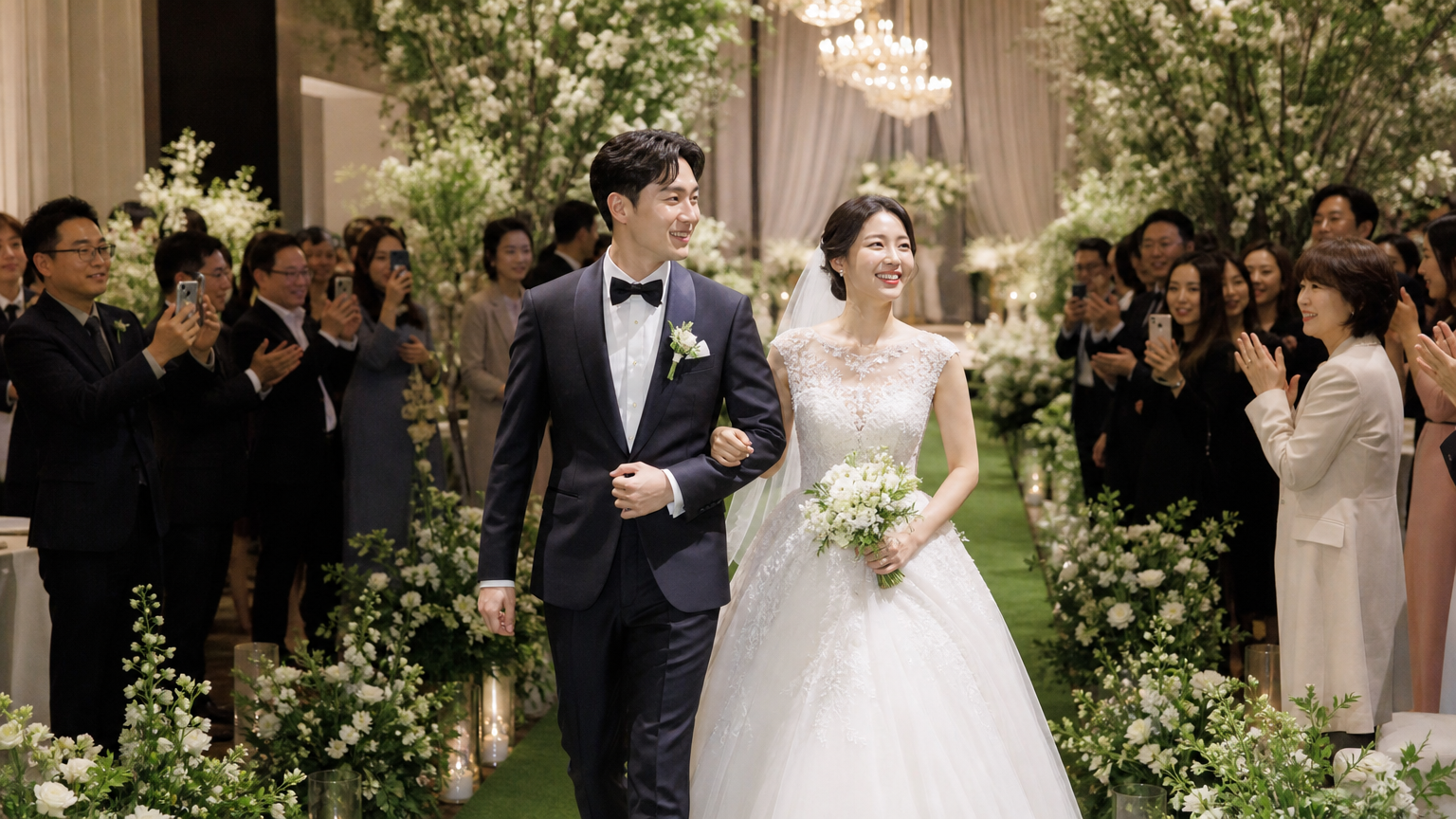아름답게 꾸며진 장소에서 진행되는 한국인 커플의 결혼식과 축하하는 하객들