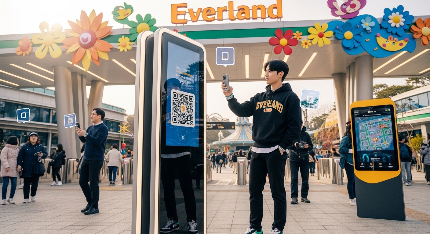 현대적인 한국 청소년들이 QR 코드를 스캔하며 스마트 기술이 돋보이는 에버랜드 게이트 앞에 서 있는 장면
