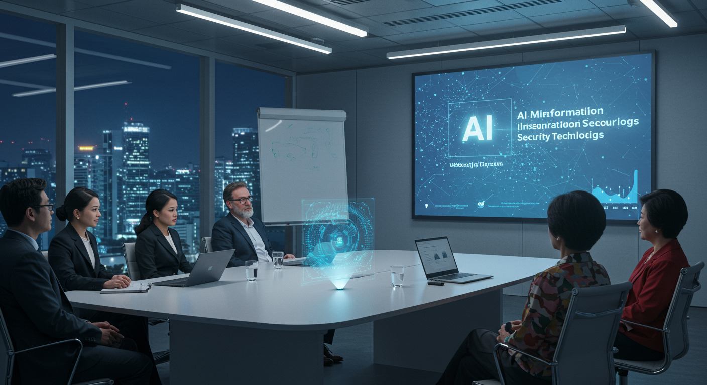 서울의 회의실에서 진행되는 첨단 AI 보안 기술 발표회 장면