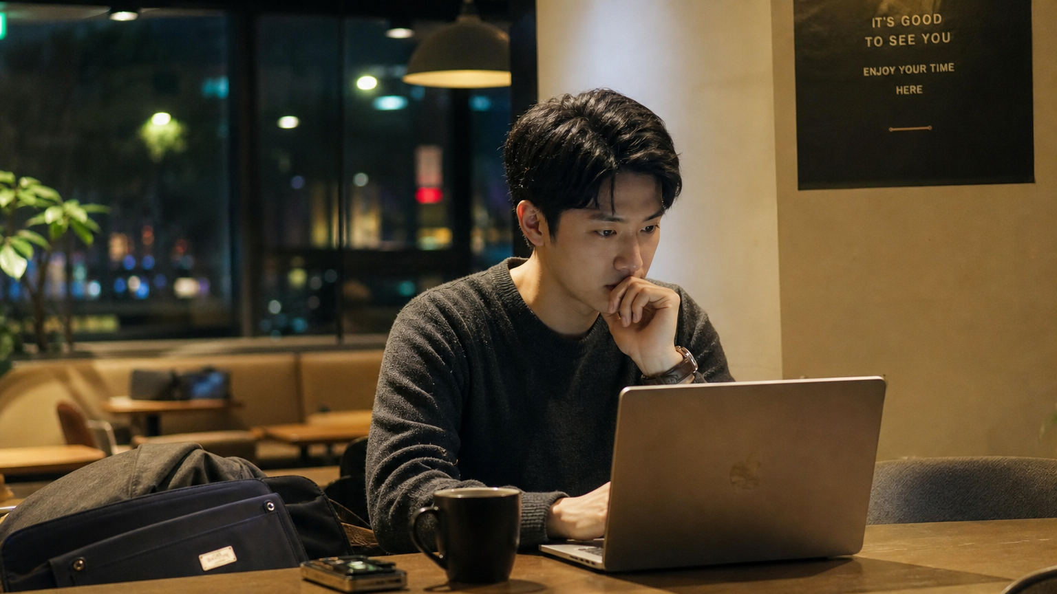 한밤중 카페에서 노트북으로 일하는 현대적인 한국 직장인의 모습