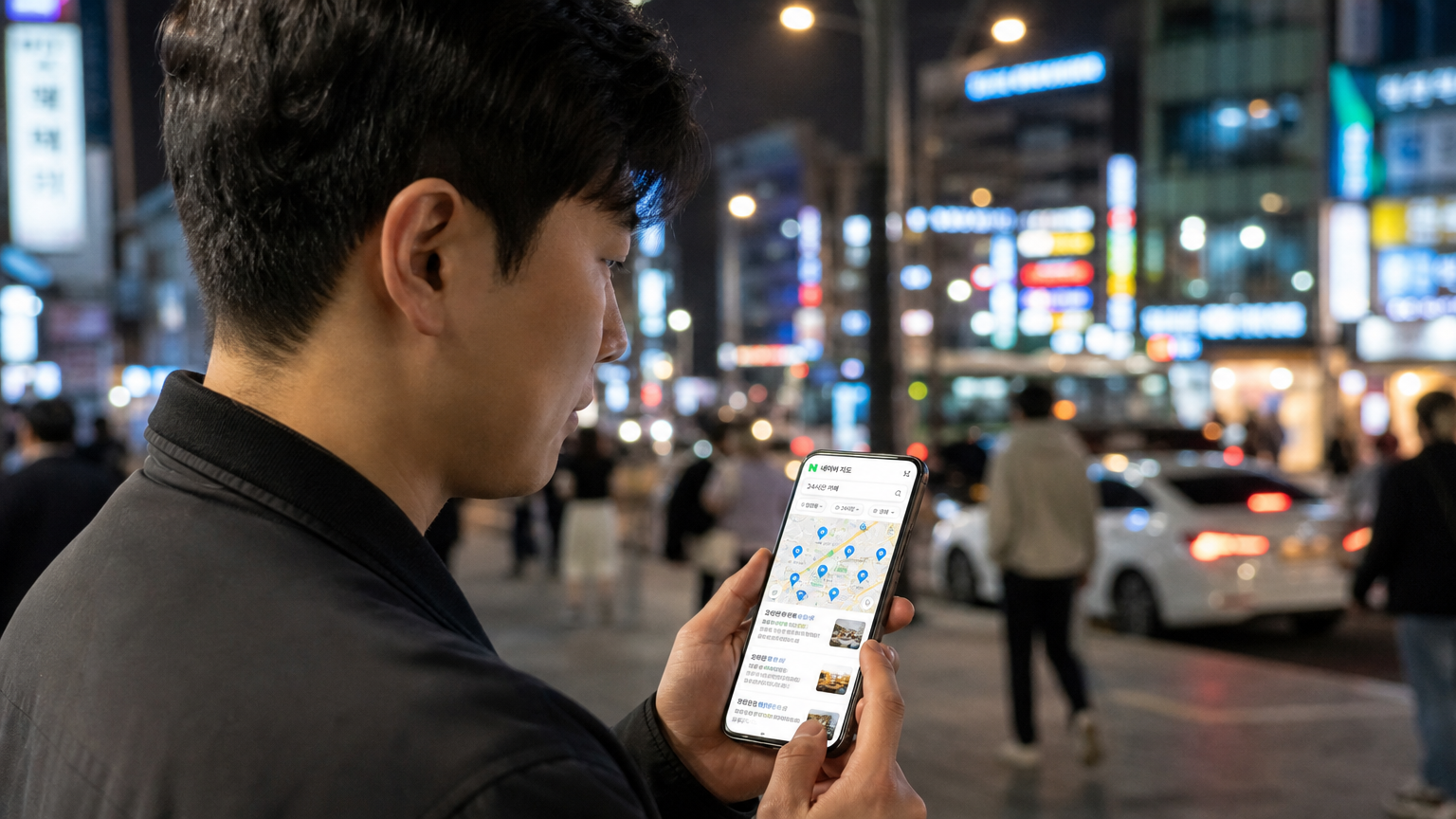 스마트폰으로 24시간 카페를 검색 중인 남성의 도시 야경 속 모습
