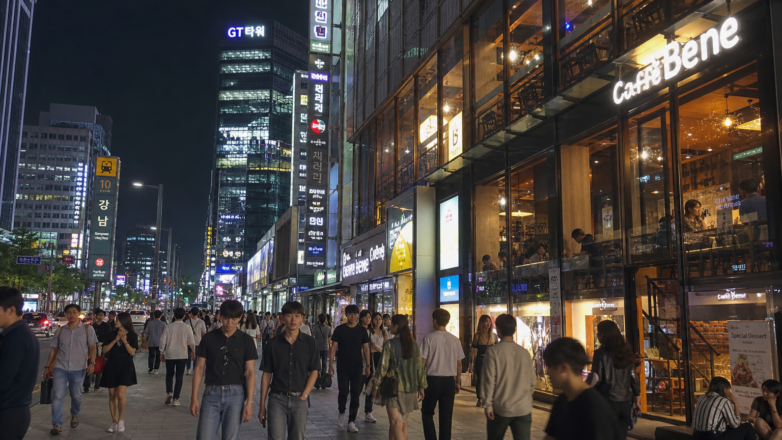 강남역 일대 네온사인이 비치는 여러 카페의 밤 풍경