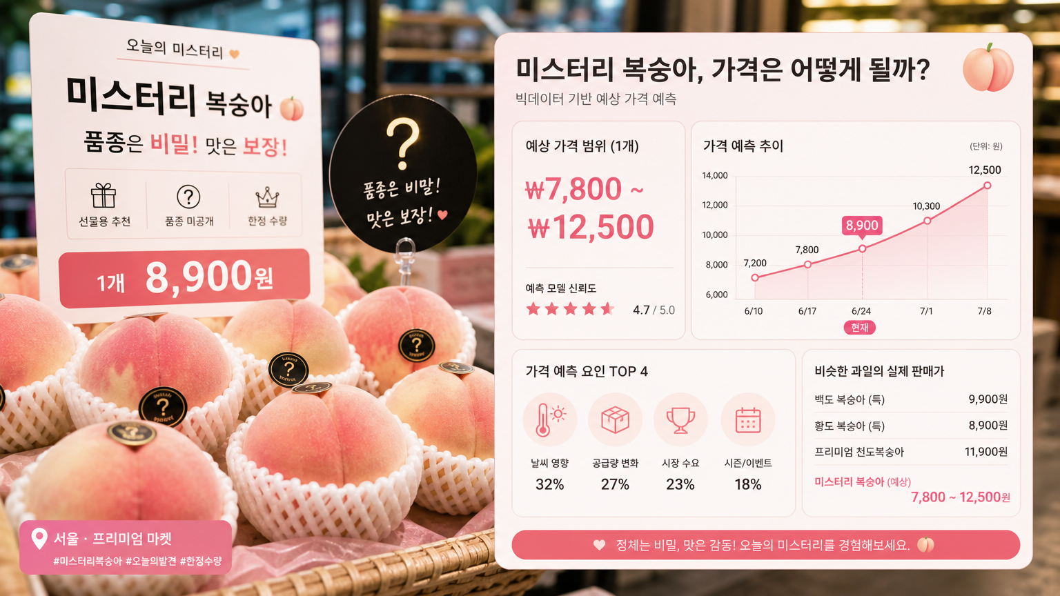 현대 시장에서 신비복숭아 가격을 설명하는 차트와 태그