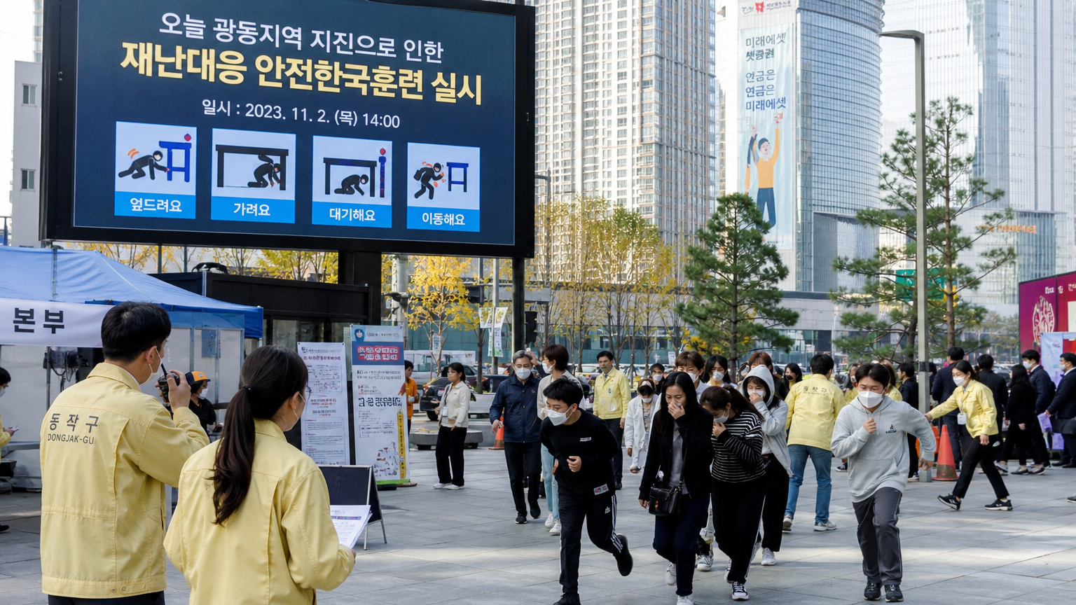 한국 도시에서 비상 대비 훈련을 하는 모습
