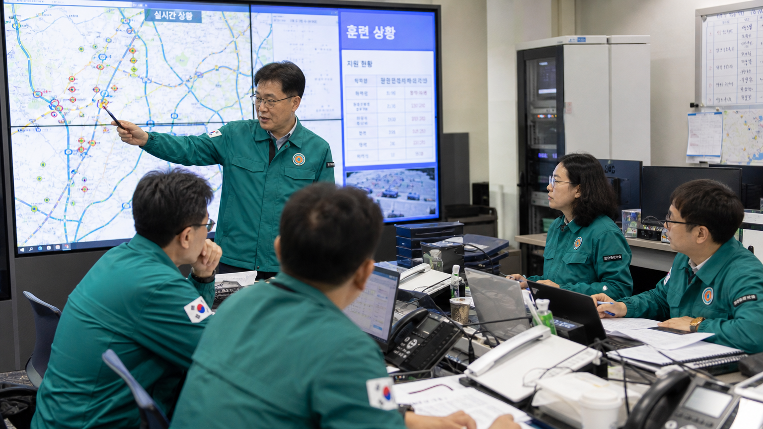 한국 행정 관료들이 대규모 훈련 계획을 조율하는 장면
