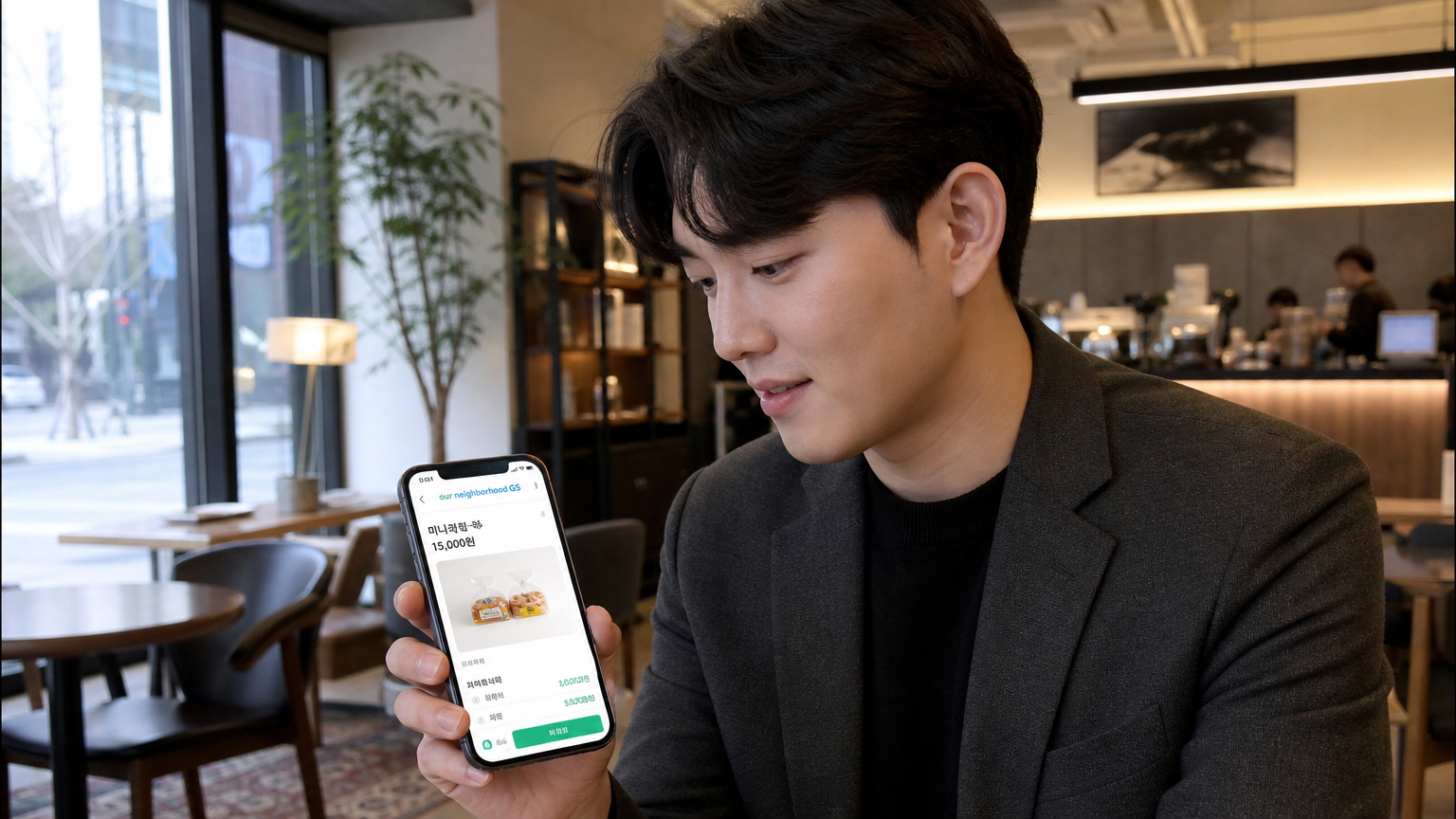 세련된 카페에서 스마트폰으로 '우리동네GS' 앱을 사용하는 젊은 직장인의 모습