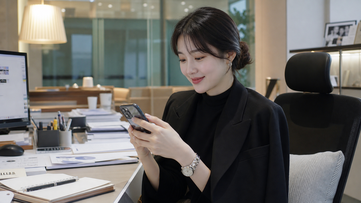 현대적인 오피스에서 스마트폰을 보며 여유롭게 있는 세련된 여성